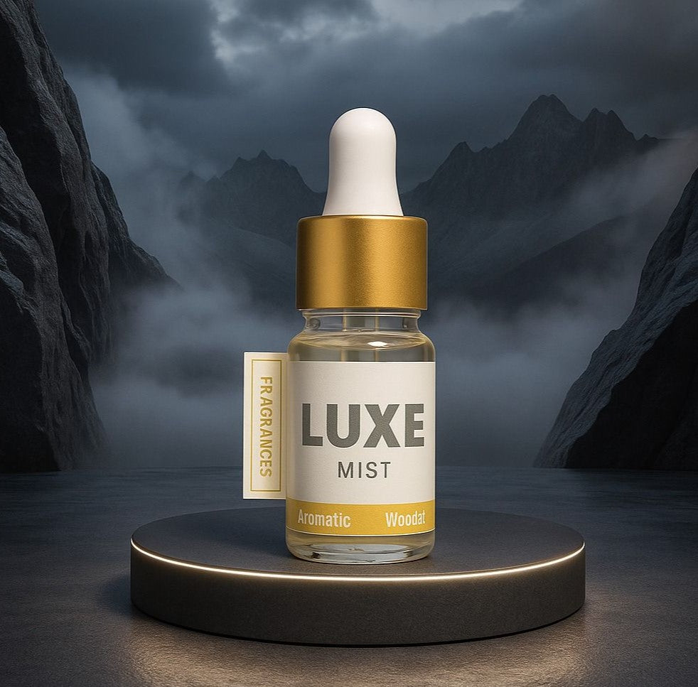 LUXE Mist bottle with dropper on a dark platform against a mountainous background