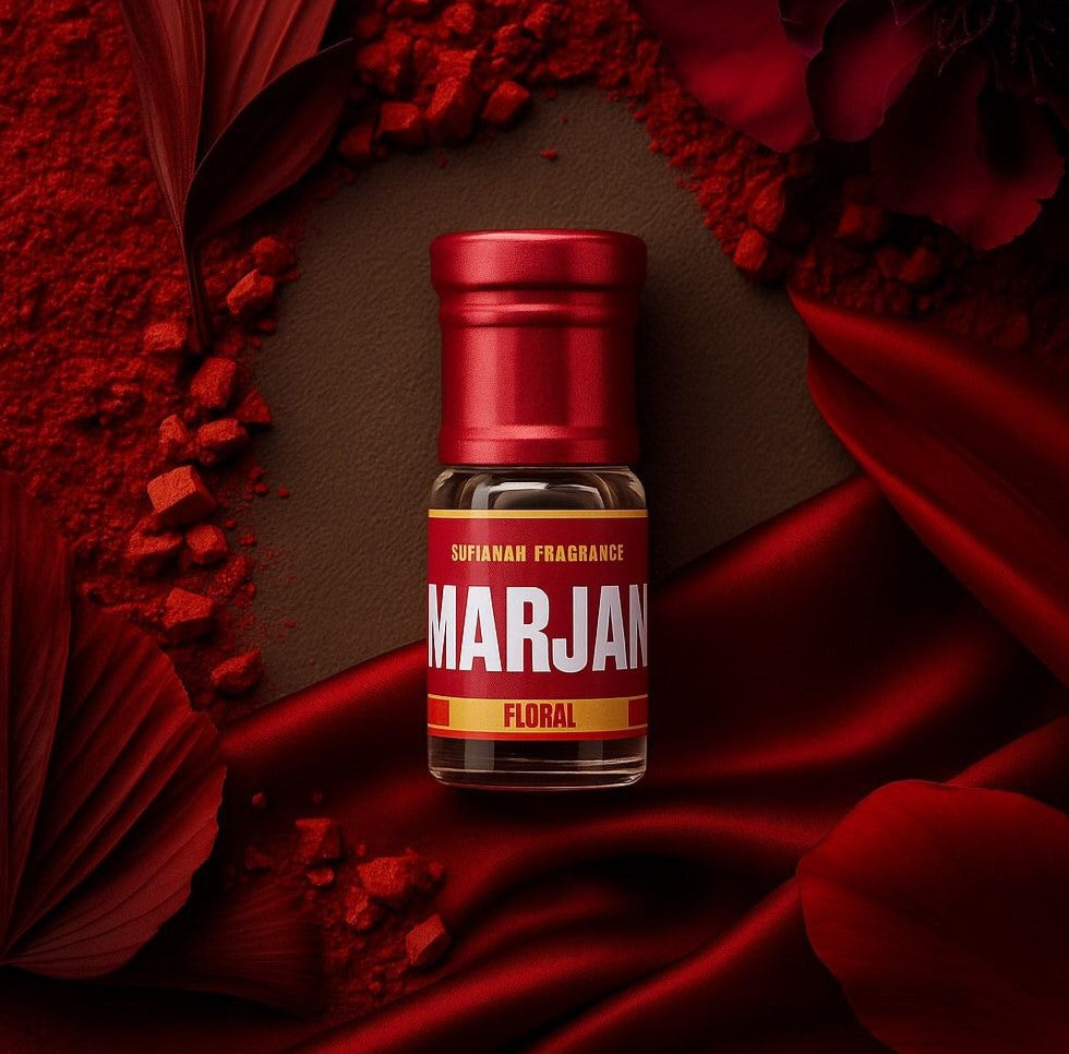 Marjan perfume bottle with red label on a red fabric background