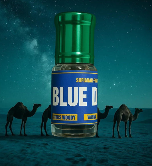 Bottle of Sufianah-Frank Blue D Stash Woody with camels in a desert setting