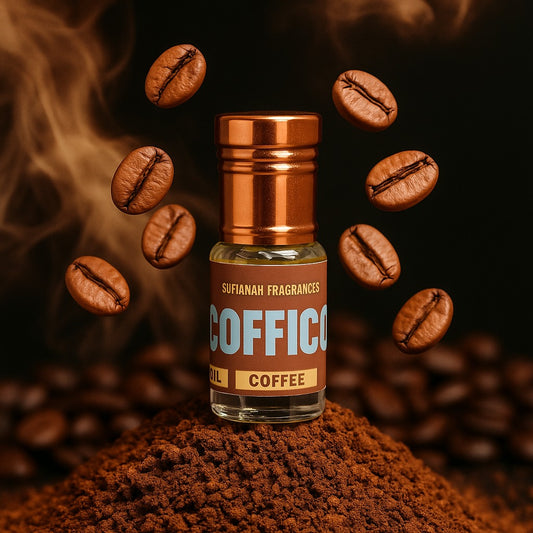 Bottle of COFFICO coffee oil with coffee beans and ground coffee on a dark background
