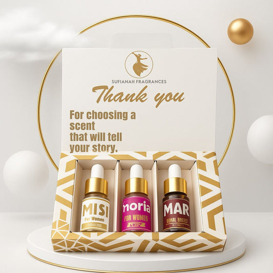 Sufianah Fragrances perfume set with three bottles and a thank you message on the packaging.