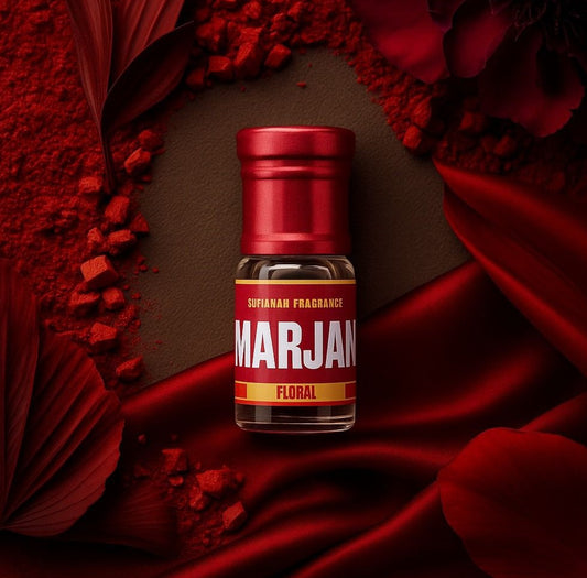 Marjan perfume bottle with red label on a red fabric background