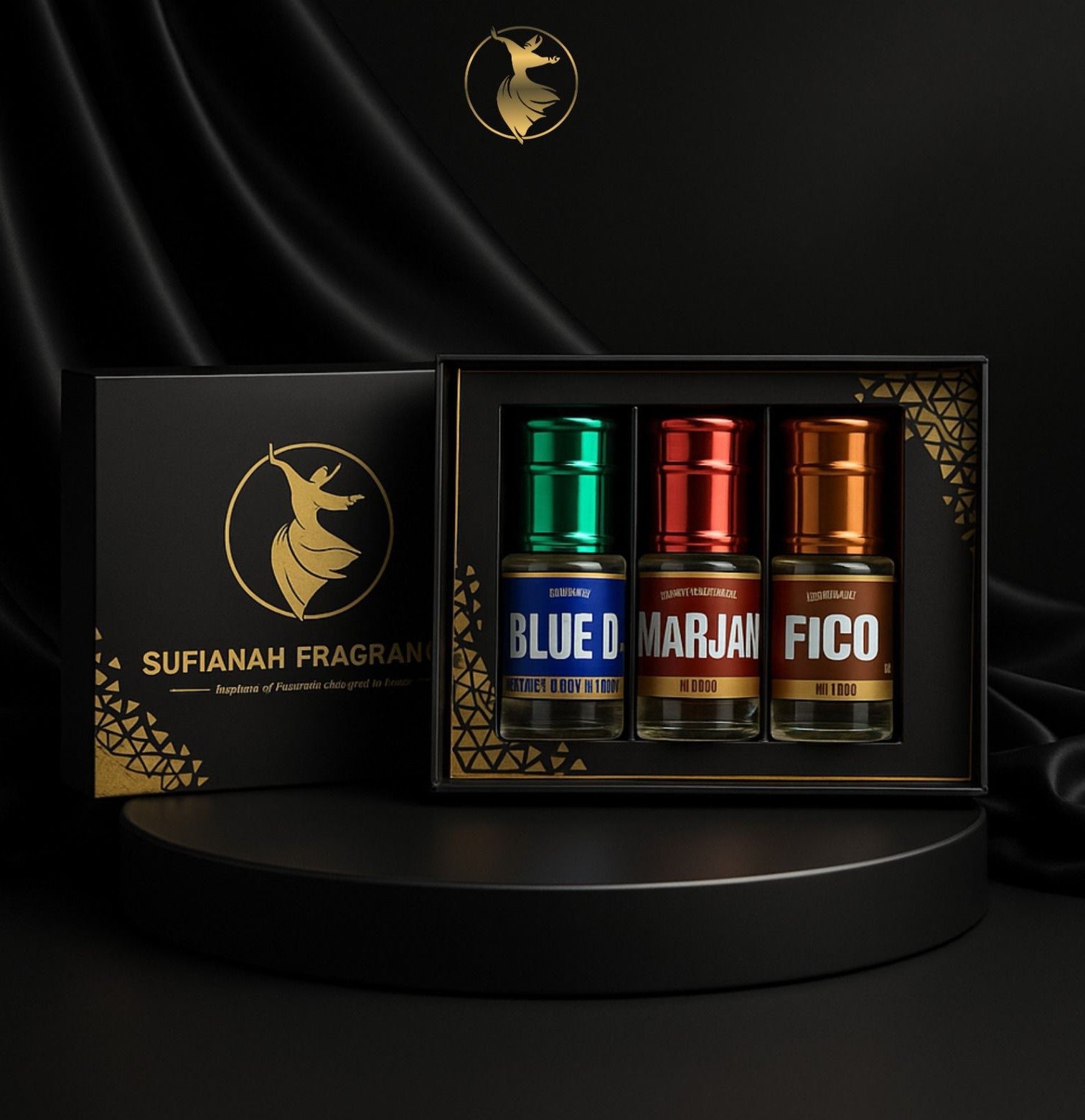Sufianah Fragrances gift set with three bottles labeled 'Blue D', 'Marjan', and 'Fico' on a black background.