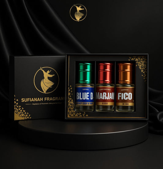 Sufianah Fragrances gift set with three bottles labeled 'Blue D', 'Marjan', and 'Fico' on a black background.